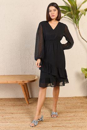 textured polyester v-neck women's mini dress - black