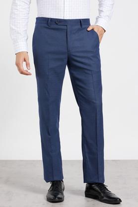 textured polyester viscose slim fit men's trousers - navy