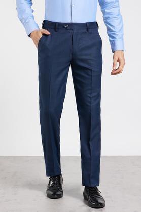 textured polyester viscose slim fit men's trousers - navy