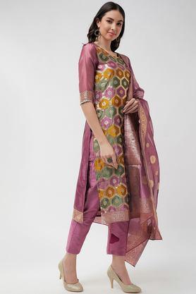 textured polyester woven women's kurta set - pink
