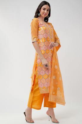 textured polyester woven women's kurta set - yellow