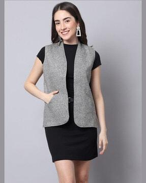 textured print front-open waistcoat