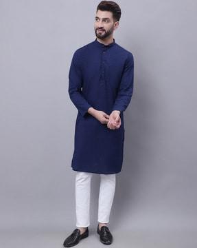 textured print mandarin collar long kurta