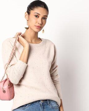 textured pullover with ribbed hems