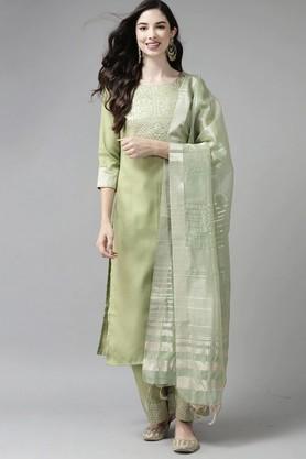 textured rayon round neck women's kurta set - green