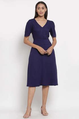 textured rayon v neck women's knee length dress - navy