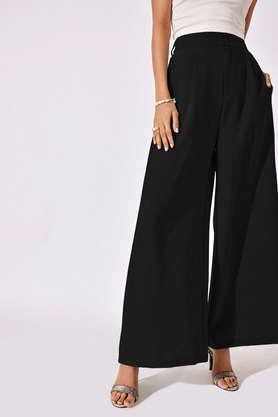 textured regular fit polyester women's casual wear pants - black
