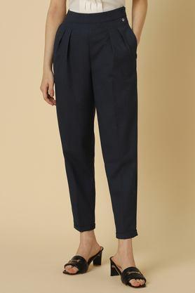 textured regular fit polyester women's formal wear trousers - mid blue