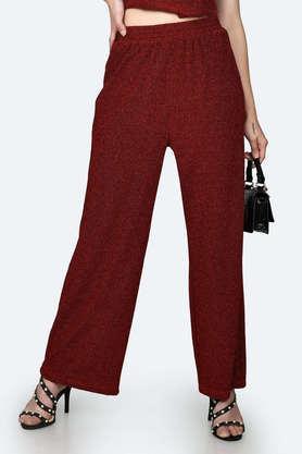 textured regular fit polyester women's party wear pants - red