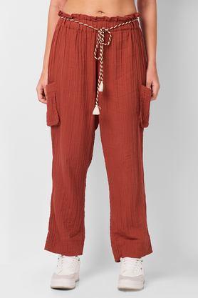 textured relaxed fit polyester women's casual wear pants - brown