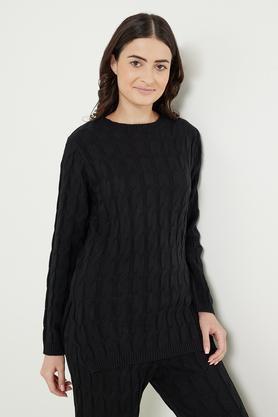 textured round neck acrylic women's casual wear sweater - black