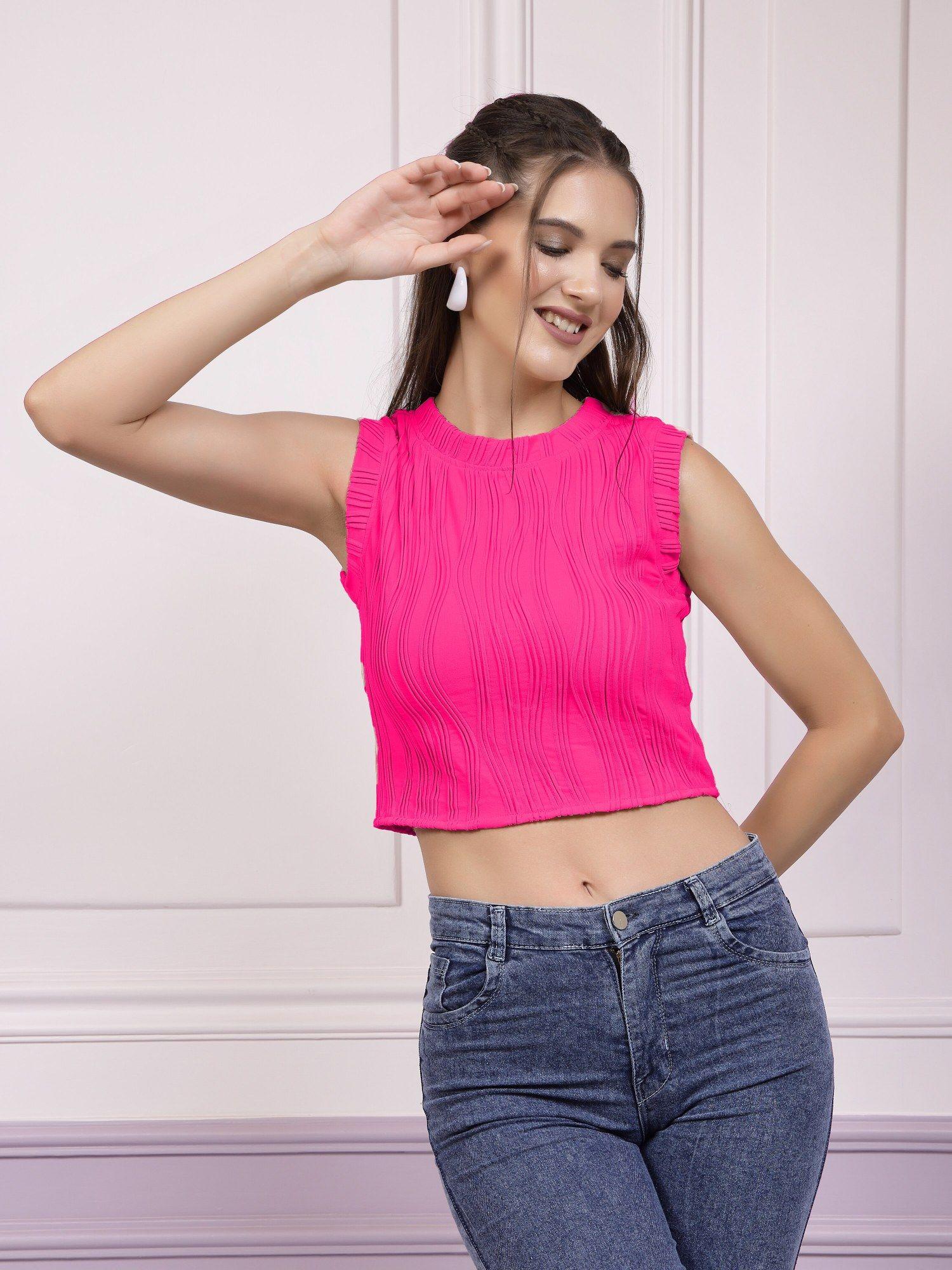 textured round neck pink crop top