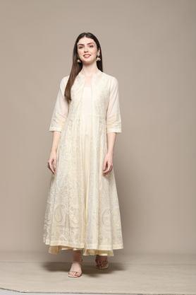 textured round neck polyester women's above knee ethnic dress - white