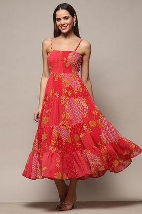 textured round neck polyester women's knee length dress - coral