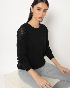 textured round-neck pullover with lace panels