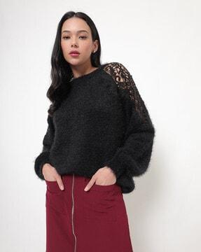 textured round-neck pullover with lace raglan sleeves