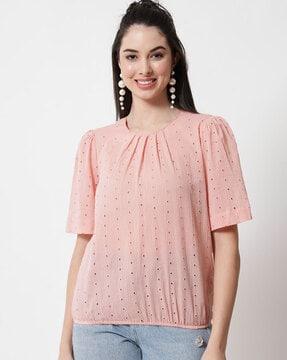 textured round-neck top with puff sleeves