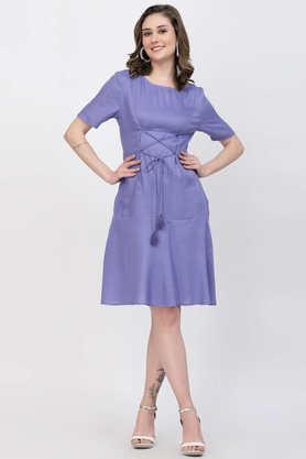 textured round neck viscose women's dress - purple