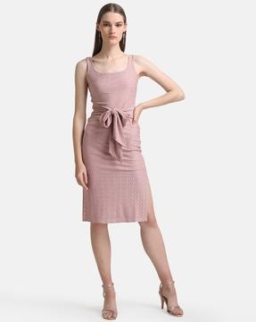 textured sheath dress with waist tie-up