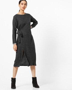 textured shift dress with tie-up