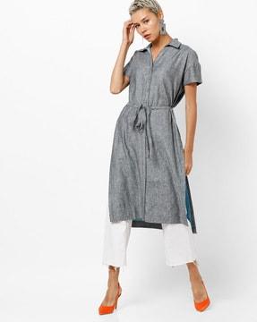 textured shirt dress with waist tie-up