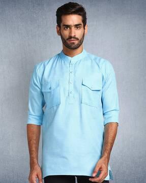 textured short kurta with flap pockets