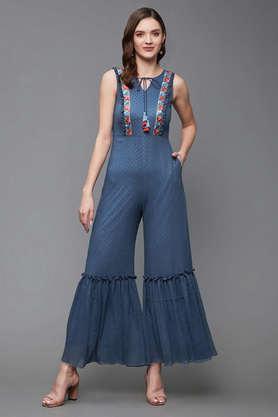 textured sleeveless chiffon women's jumpsuit - blue