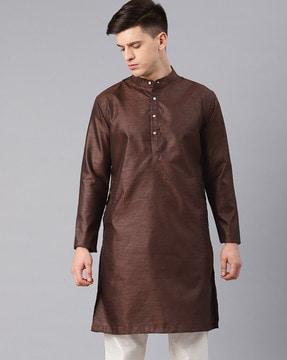 textured slim fit kurta with band collar