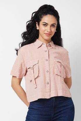 textured spread collar cotton blend women's casual wear shirt - pink