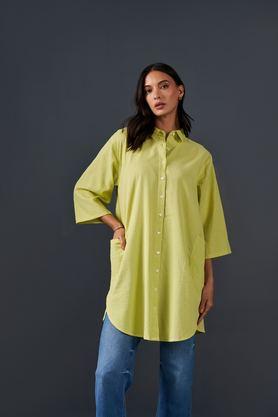 textured spread collar cotton women's casual wear shirt - lime green