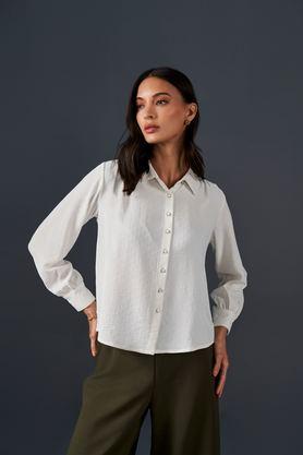 textured spread collar polyester women's casual wear shirt - white