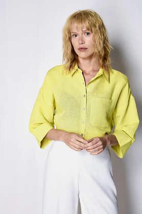 textured spread collar viscose women's casual wear shirt - green