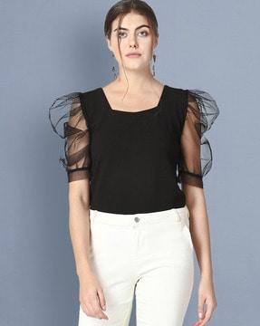 textured square-neck top with sheer sleeves