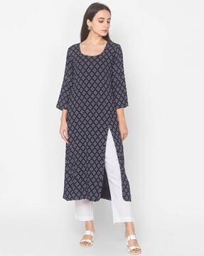 textured straight calf length kurta