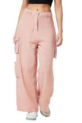 textured straight fit cotton blend women's casual wear trousers - pink