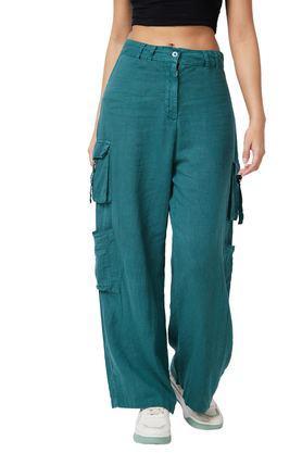 textured straight fit cotton blend women's casual wear trousers - teal