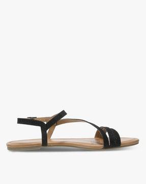 textured strappy flats with buckle closure