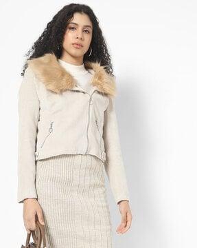 textured-striped jacket with faux fur-lined collar