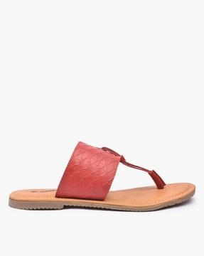 textured t-strap flat sandals