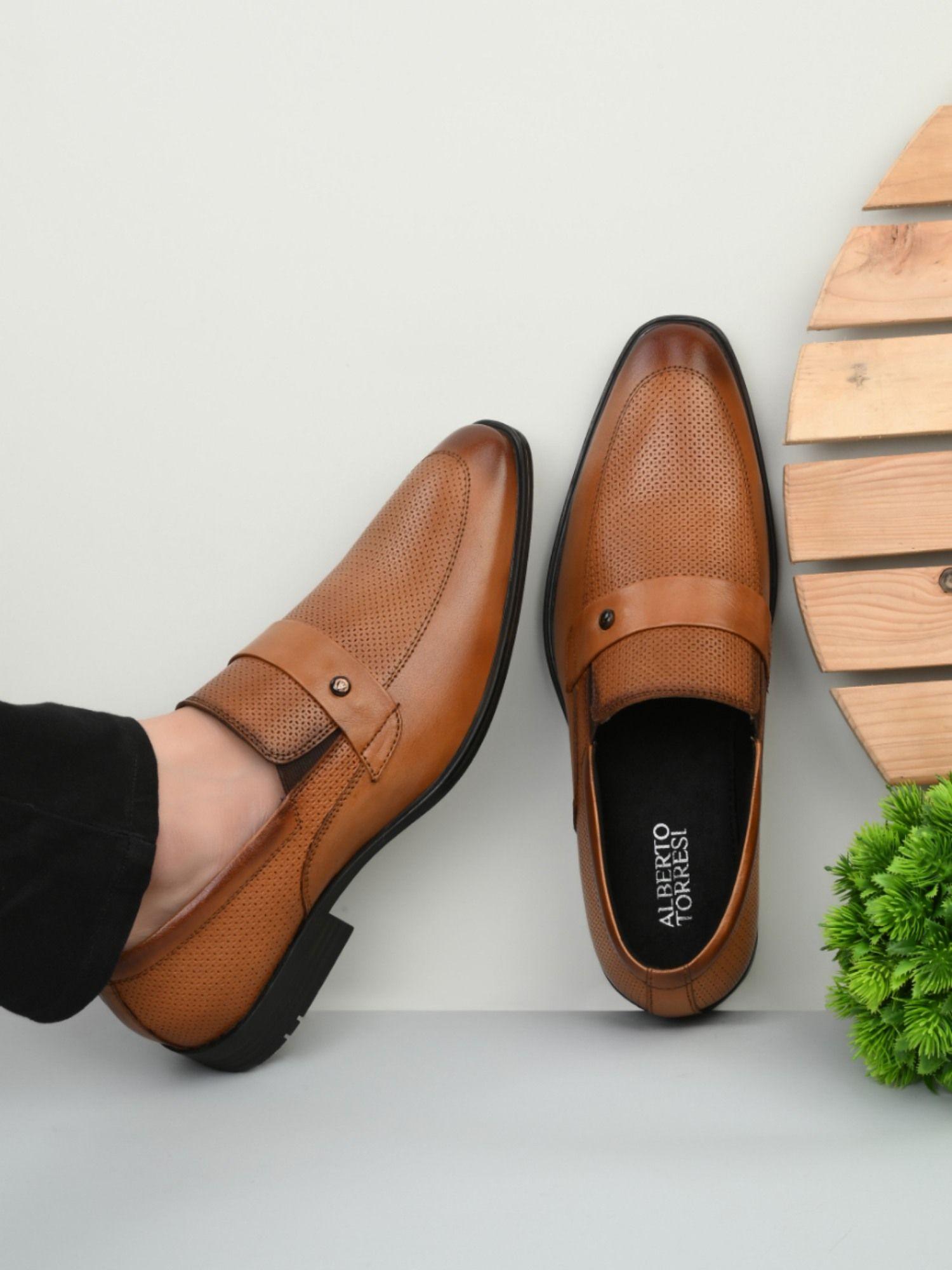 textured tan formal slip on shoes for men