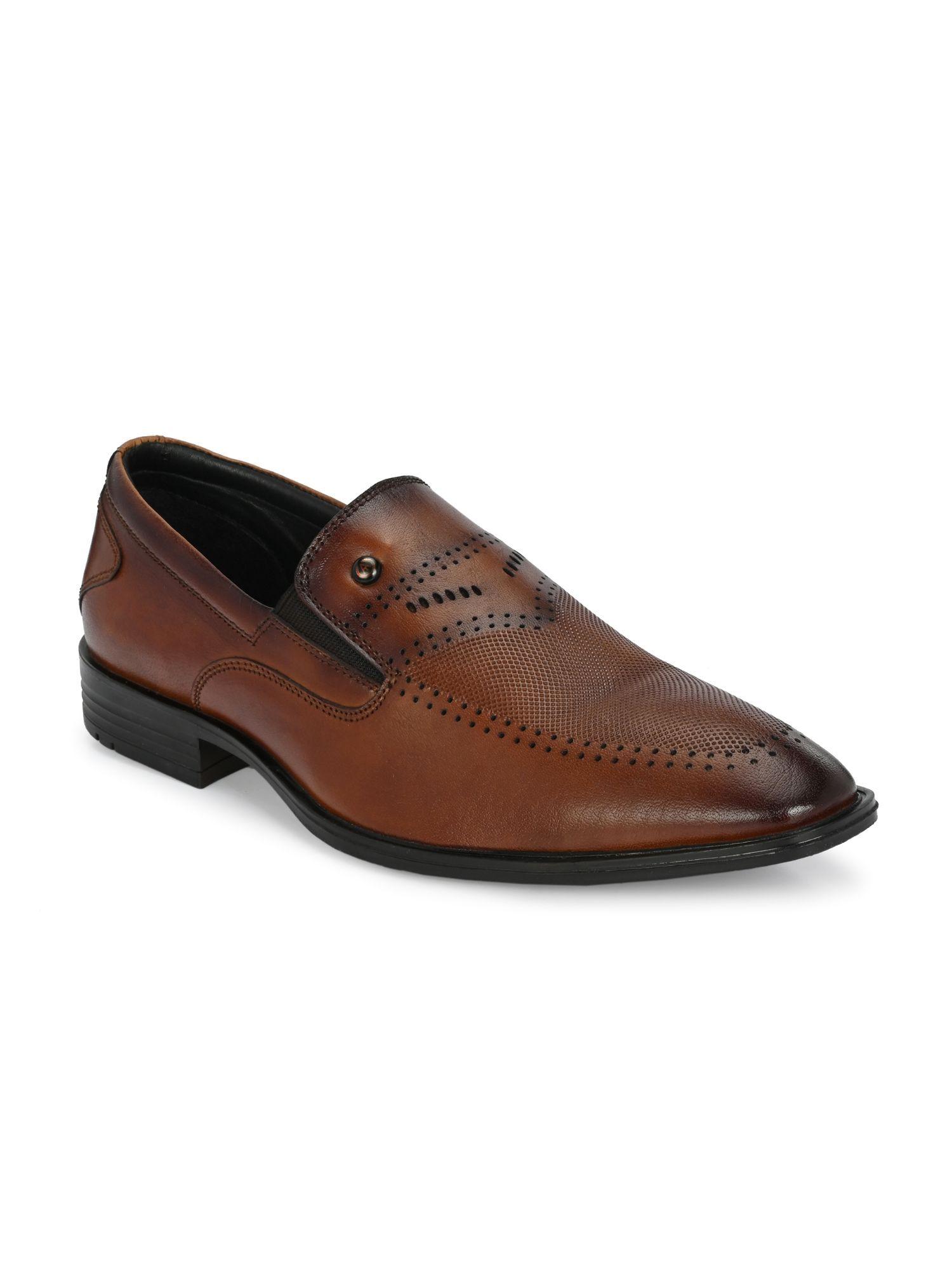 textured tan formal slip on shoes for men