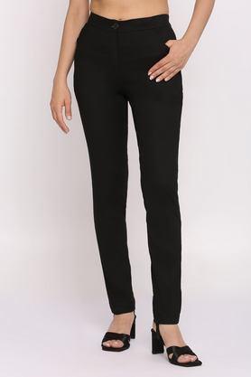 textured tapered fit blended women's formal wear trousers - black