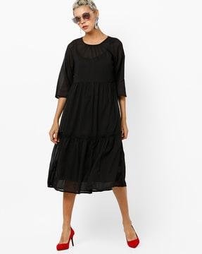 textured tiered dress with sheer panels 