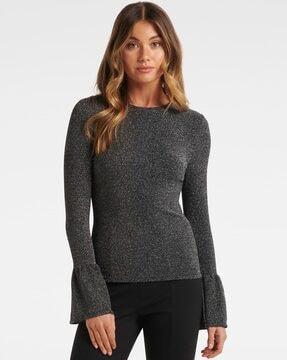 textured top with trumpet sleeves