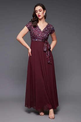 textured v neck georgette women's maxi dress - wine