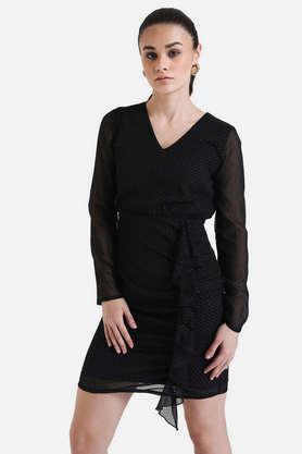 textured v-neck polyester women's dress - black