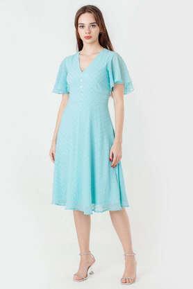 textured v-neck polyester women's dress - blue