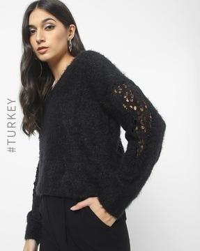 textured v-neck pullover with lace panels