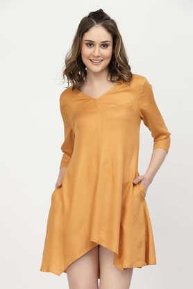 textured v-neck viscose women's dress - orange