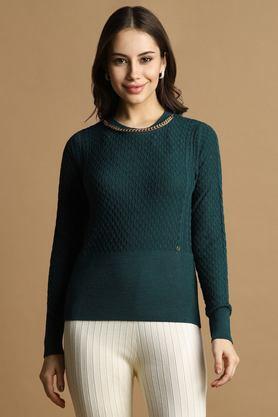 textured viscose round neck women's top - dark green